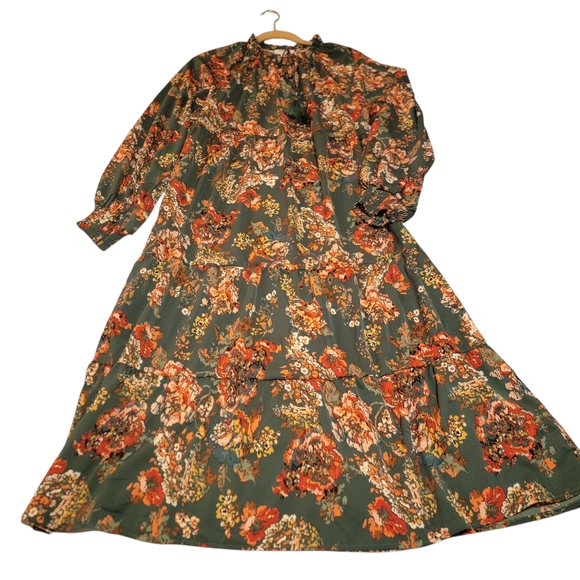 Umgee Floral Dress, Long Sleeve Maxi, Green And Orange Small - Picture 2 of 9